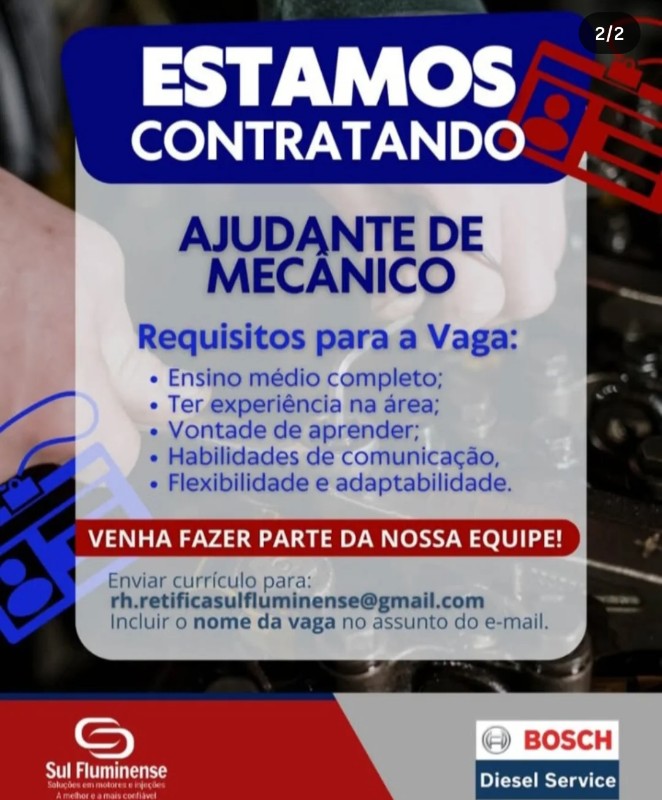 1 Vaga de emprego para Ajudante De Mecânico na empresa Sul Fluminense, Bosch Diesel Service em 22/09