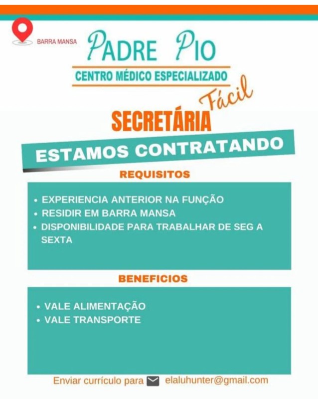 1 Vaga de emprego para Secretária na empresa Padre Pio Centro Médico Especializado, Barra Mansa em 22/09