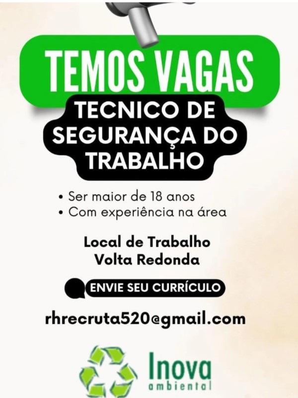 1 Vaga de emprego para Tecnico De Segurança Do Trabalho na empresa Inova Ambiental, Volta Redonda em 22/09