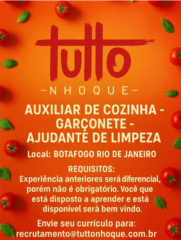 3 Vagas de emprego para Auxiliar De Cozinha, Garçonete, Ajudante De Limpeza na empresa Tutto Nhoque em 24/09