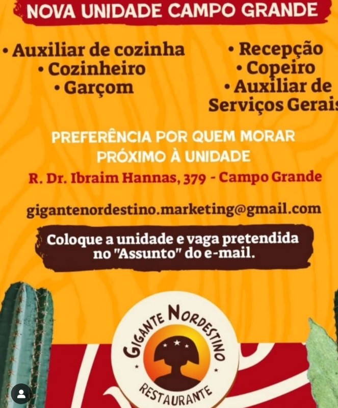 6 Vagas de emprego para Auxiliar De Cozinha, Cozinheiro, Garçom, Recepção, Copeiro, Auxiliar De Serviços Gerais 6 na empresa Gigante Nordestino Restaurante em 24/09