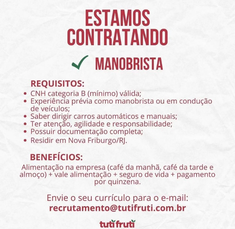 1 Vaga de emprego para Manobrista na empresa Tutifruti em 24/09