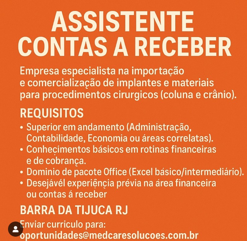 1 Vaga de emprego para Assistente Contas A Receber na empresa Med Care Soluções em 24/09