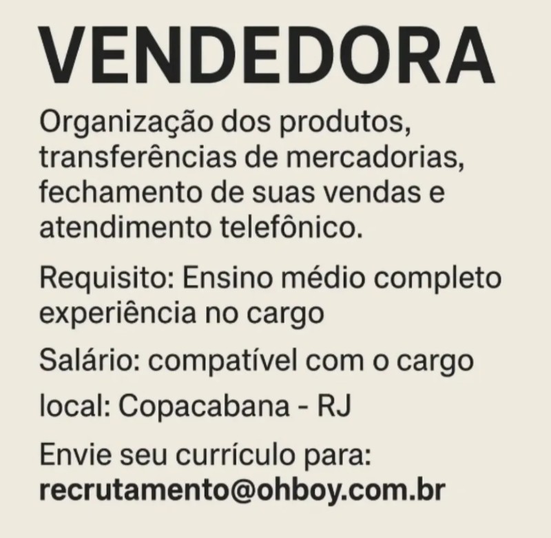 1 Vaga de emprego para Vendedora no Bairro Copacabana em 24/09