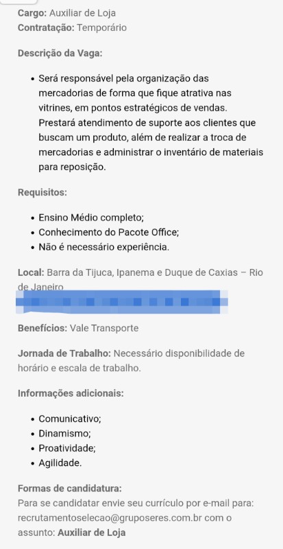 1 Vaga de emprego para Auxiliar De Loja sem experiência na empresa Gruposeres em 24/09