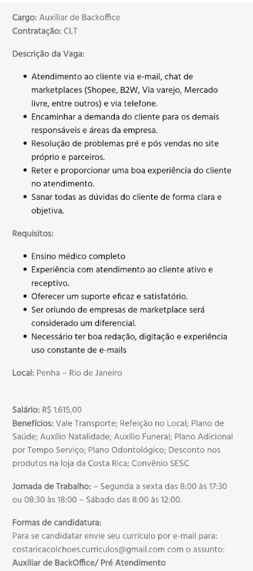1 Vaga de emprego para Auxiliar De Backoffice na empresa Costaricacolchoes em 24/09