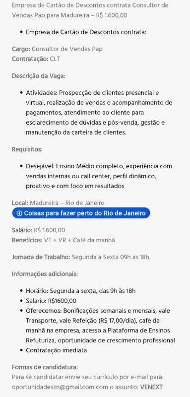 1 Vaga de emprego para Consultor De Vendas Pap na empresa Cartão de Descontos em 24/09