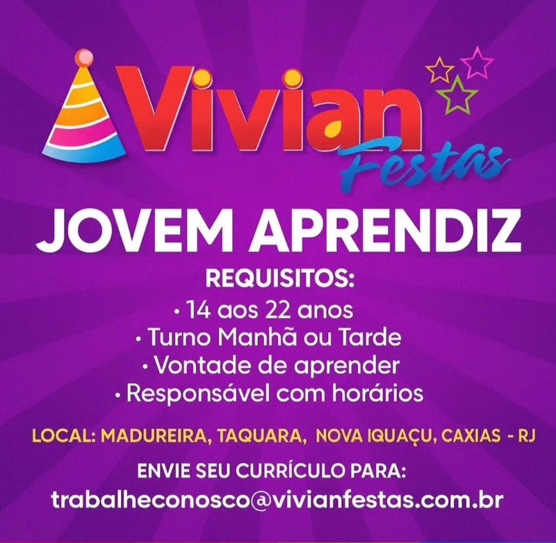 1 Vaga de emprego para Jovem Aprendiz na empresa Vivian Festas em 26/09