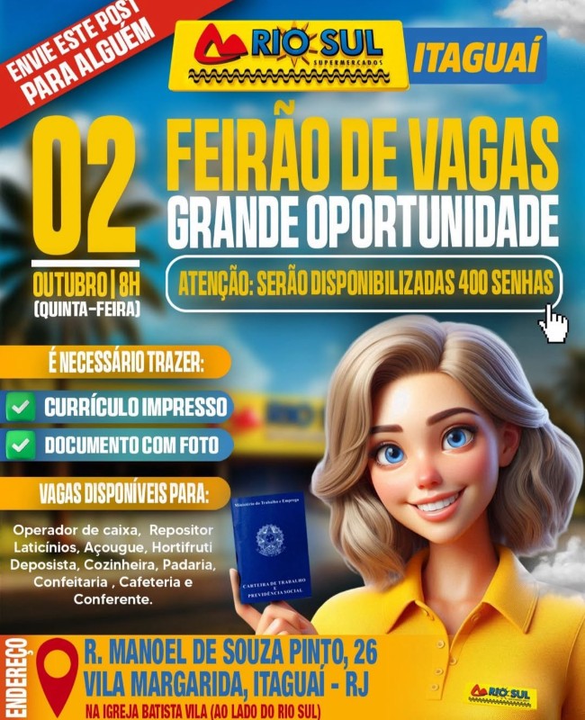 10 Vagas de emprego para Operador De Caixa, Repositor, Laticínios, Açougue, Hortifruti, Deposista, Cozinheira, Padaria, Confeitaria, Cafeteria E Conferente na empresa Rio Sul Itaguaí em 26/09