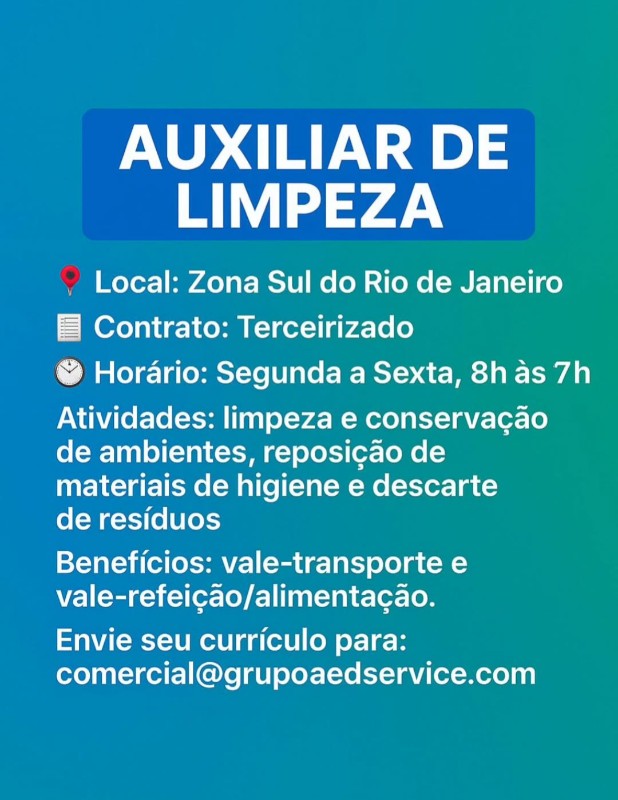 1 Vaga de emprego para Auxiliar De Limpeza na empresa Grupo AED Service em 25/09
