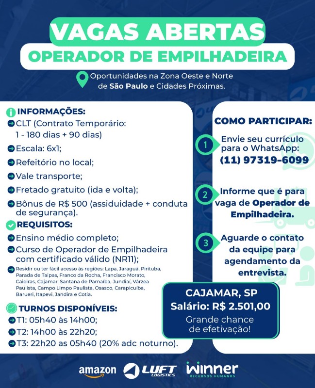 1 Vaga de emprego para Operador De Empilhadeira na empresa Amazon / Luft Logística em 26/09