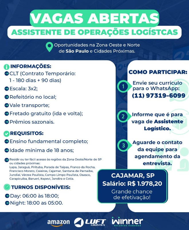 1 Vaga de emprego para Assistente De Operações Logísticas na empresa Amazon / Luft Logística em 26/09