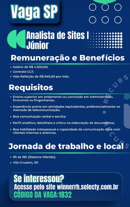 1 Vaga de emprego para Analista De Sites I Júnior na empresa Vencedor RH em 26/09