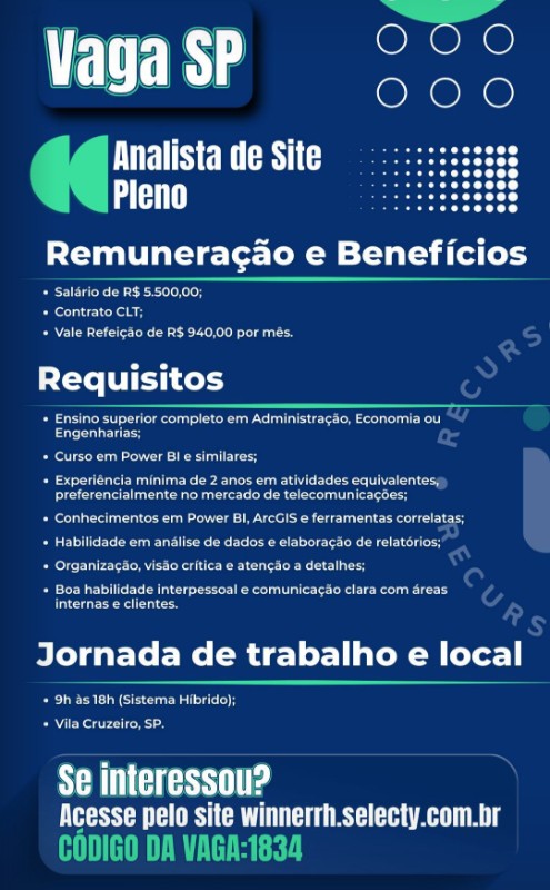 1 Vaga de emprego para Analista De Site Pleno na empresa Vencedor RH em 26/09