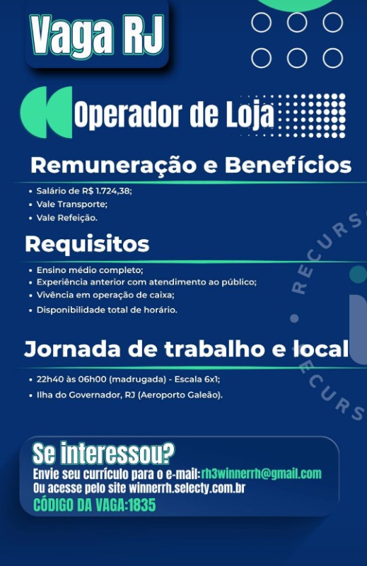 1 Vaga de emprego para Operador De Loja na empresa Vencedor RH em 26/09