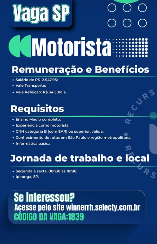 1 Vaga de emprego para Motorista na empresa Vencedor RH em 26/09