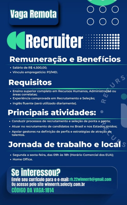 1 Vaga de emprego para Recrutador na empresa Vencedor RH em 26/09