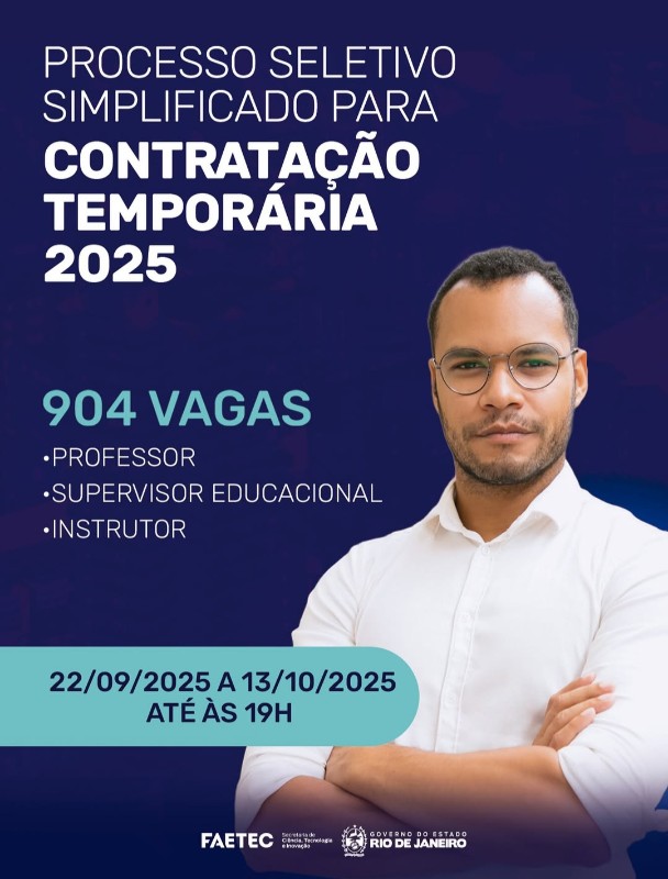 904 Vagas de emprego para Professor, Supervisor Educacional, Instrutor na empresa Faetec em 25/09
