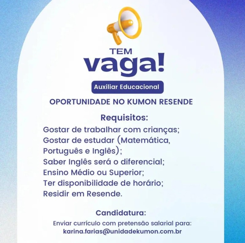 1 Vaga de emprego para Auxiliar Educacional sem experiência na empresa Kumon Resende em 26/09