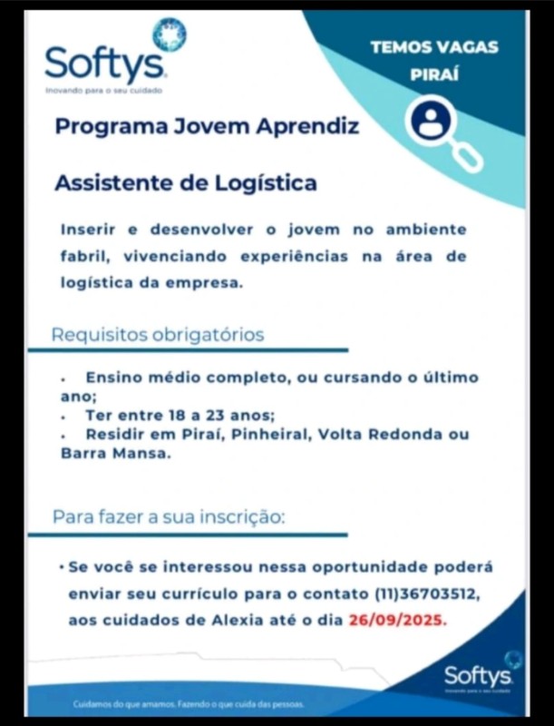1 Vaga de emprego para Jovem Aprendiz Assistente De Logística na empresa Softys em 25/09