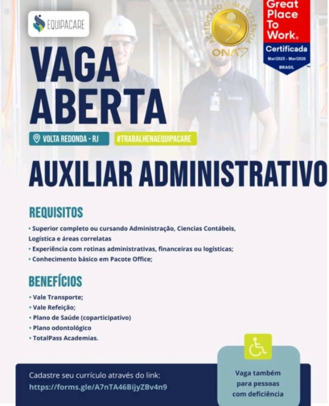 1 Vaga de emprego para Auxiliar Administrativo na empresa EQUIPACARE em 25/09