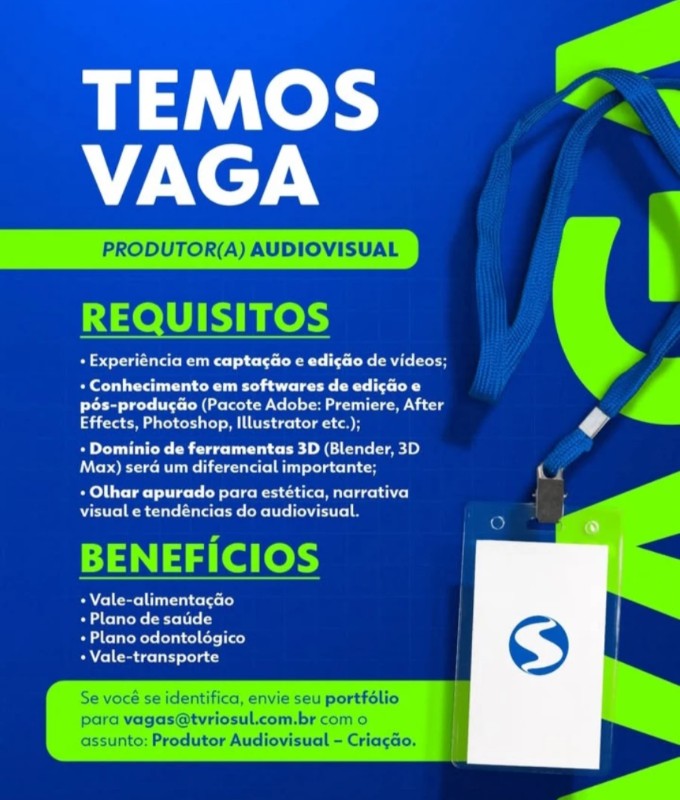 1 Vaga de emprego para Produtor Audiovisual, Produtora Audiovisual na empresa Tv Rio Sul em 25/09