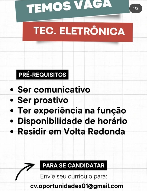 1 Vaga de emprego para Técnica Eletrônica na empresa Cv Oportunidades em 25/09