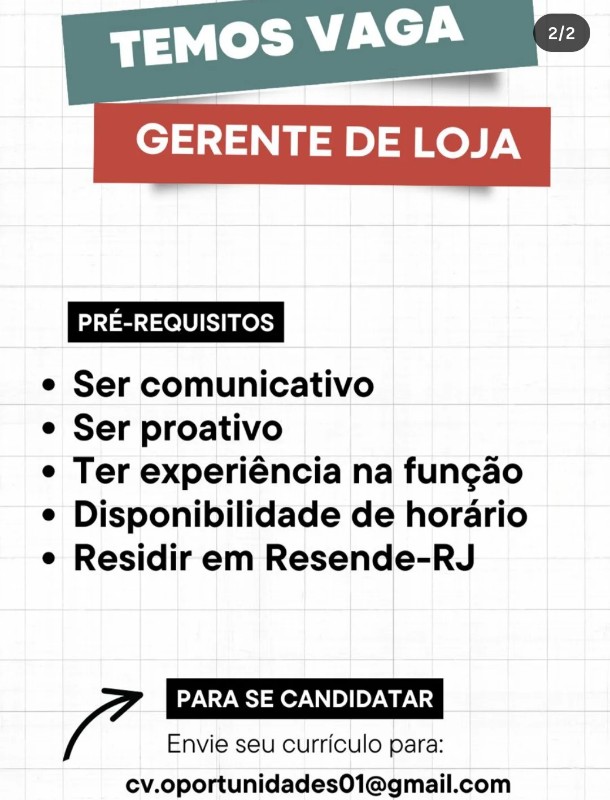 1 Vaga de emprego para Gerente De Loja na empresa Cv Oportunidades em 25/09