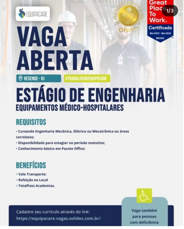 1 Vaga de emprego para Estágio De Engenharia na empresa Equipacare em 25/09