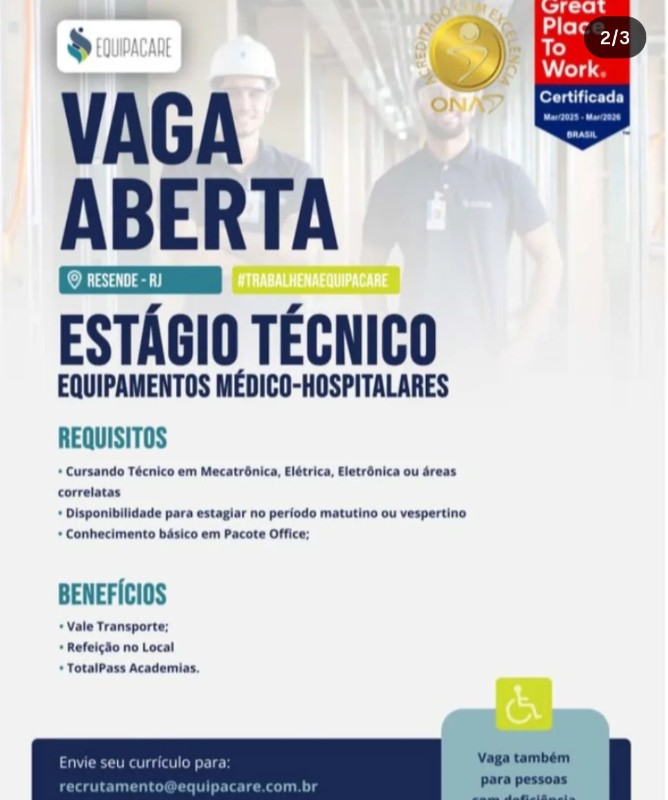1 Vaga de emprego para Estágio Técnico na empresa Equipacare em 25/09