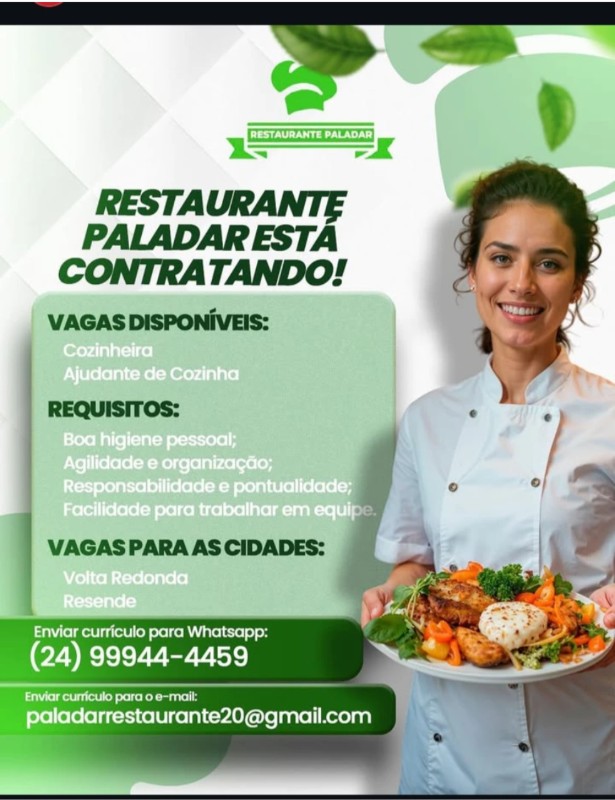 2 Vagas de emprego para Cozinheira, Ajudante De Cozinha na empresa Restaurante Paladar em 26/09