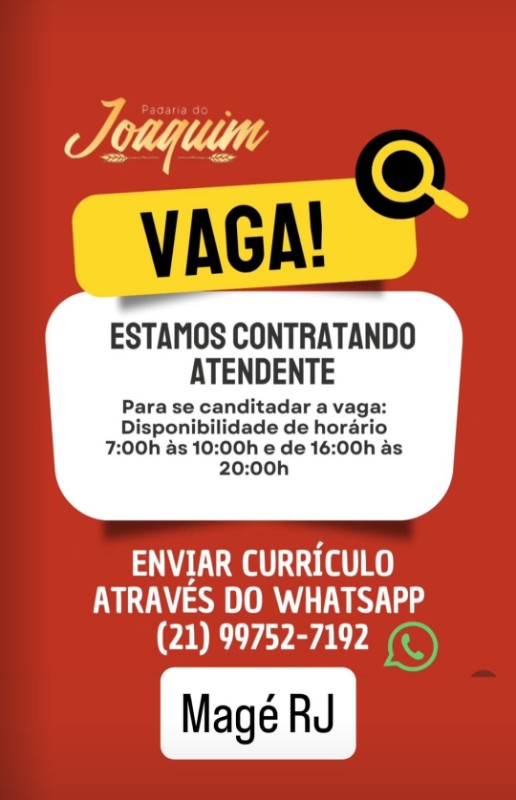 1 Vaga de emprego para Atendente na empresa Padaria do Joaquim em 26/09