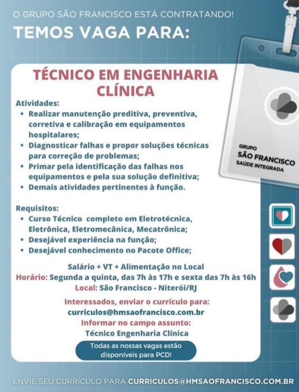 1 Vaga de emprego para Técnico Engenharia Clínica na empresa Grupo São Francisco em 26/09