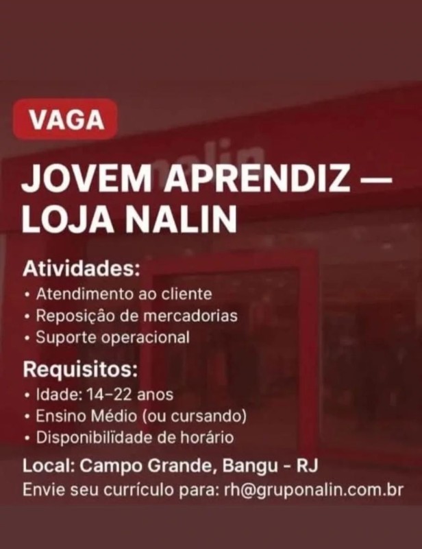 1 Vaga de emprego para Jovem Aprendiz na empresa Loja Nalin em 26/09