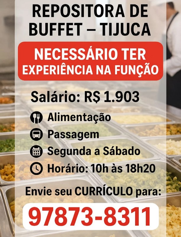 1 Vaga de emprego para Repositora De Buffet na empresa Buffet Tijuca em 26/09