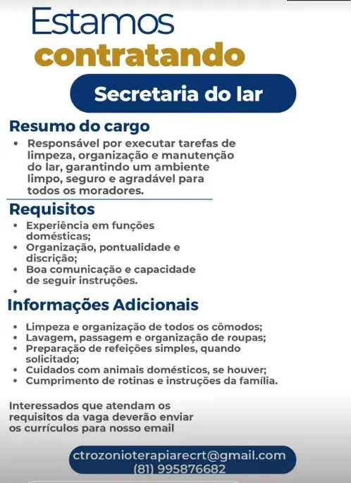 1 Vaga de emprego para Secretária Do Lar no Segmento doméstico em 06/09
