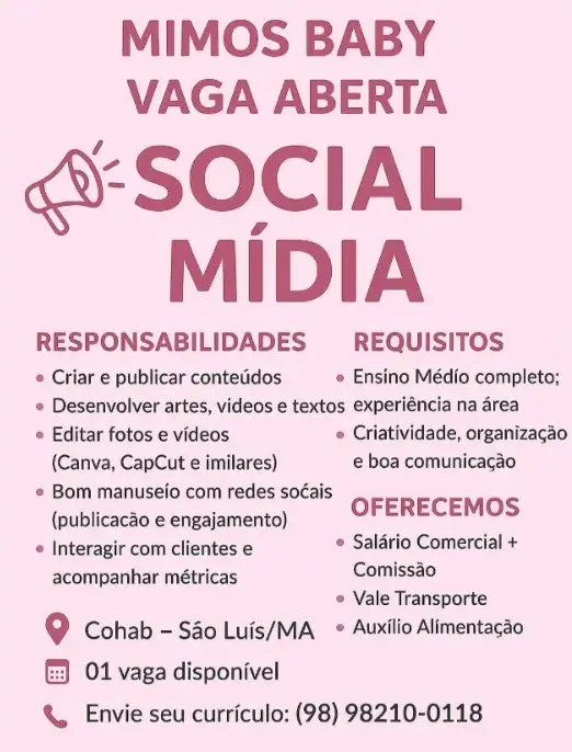 1 Vaga de emprego para Social Media na empresa Mimos Baby em 08/09