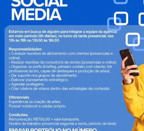 1 Vaga de emprego para Social Media sem experiência no Segmento de redes sociais em 09/09