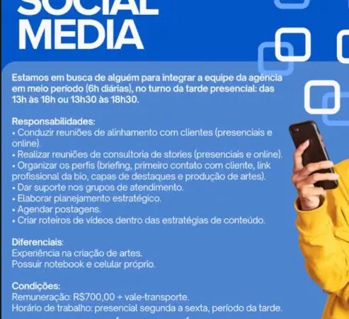 1 Vaga de emprego para Social Media no Segmento de redes sociais em 08/09