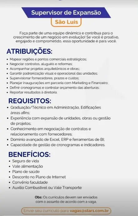 1 Vaga de emprego para Supervisor De Expansão na empresa St1 Internet em 06/09