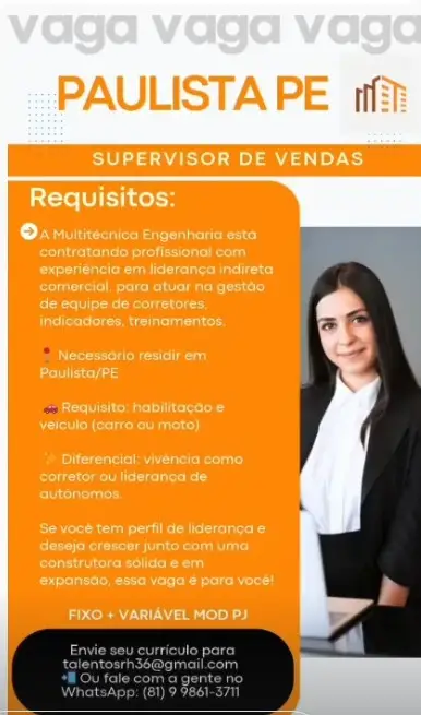 1 Vaga de emprego para Supervisor De Vendas sem experiência na empresa Multitécnica Engenharia em 06/09