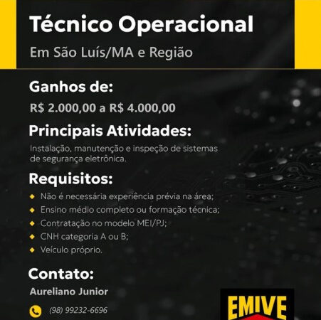 1 Vaga de emprego para Técnico Operacional sem experiência na empresa EMIVE em 08/09