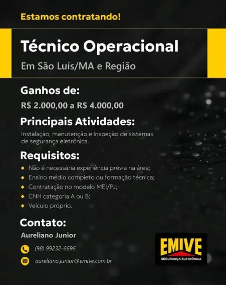 1 Vaga de emprego para Técnico Operacional sem experiência na empresa EMIVE em 08/09