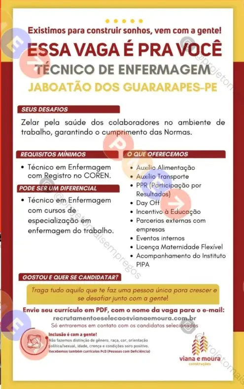 1 Vaga de emprego para Técnico De Enfermagem sem experiência na empresa Viana e Moura em 06/09