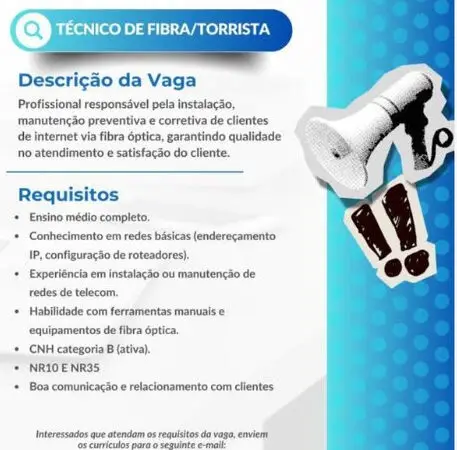 1 Vaga de emprego para Técnico De Fibra Torrista na empresa Lig 16 em 06/09