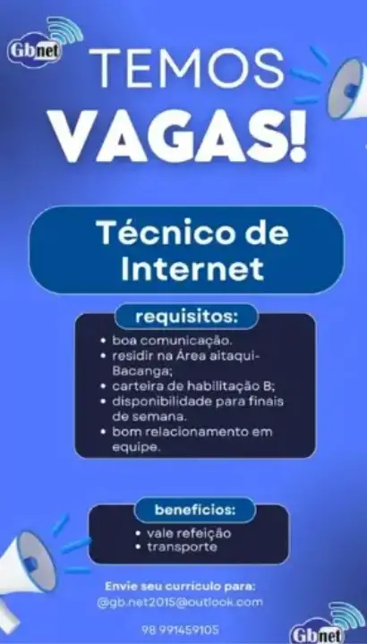1 Vaga de emprego para Técnico De Internet sem experiência na empresa Gb Net em 09/09