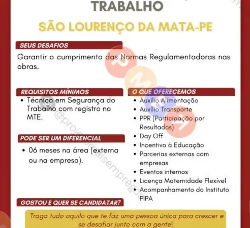 1 Vaga de emprego para Técnico De Segurança Do Trabalho sem experiência na empresa Viana e Moura em 06/09