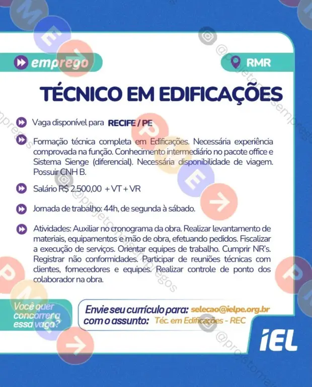 1 Vaga de emprego para Técnico De Edificações na empresa IEL em 06/09