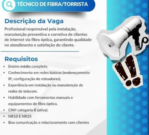 1 Vaga de emprego para Técnico De Fibra Torrista na empresa Lig 16 em 09/09
