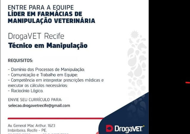 1 Vaga de emprego para Técnico De Manipulação sem experiência na empresa Farmácia Veterinária Droga Vet em 08/09